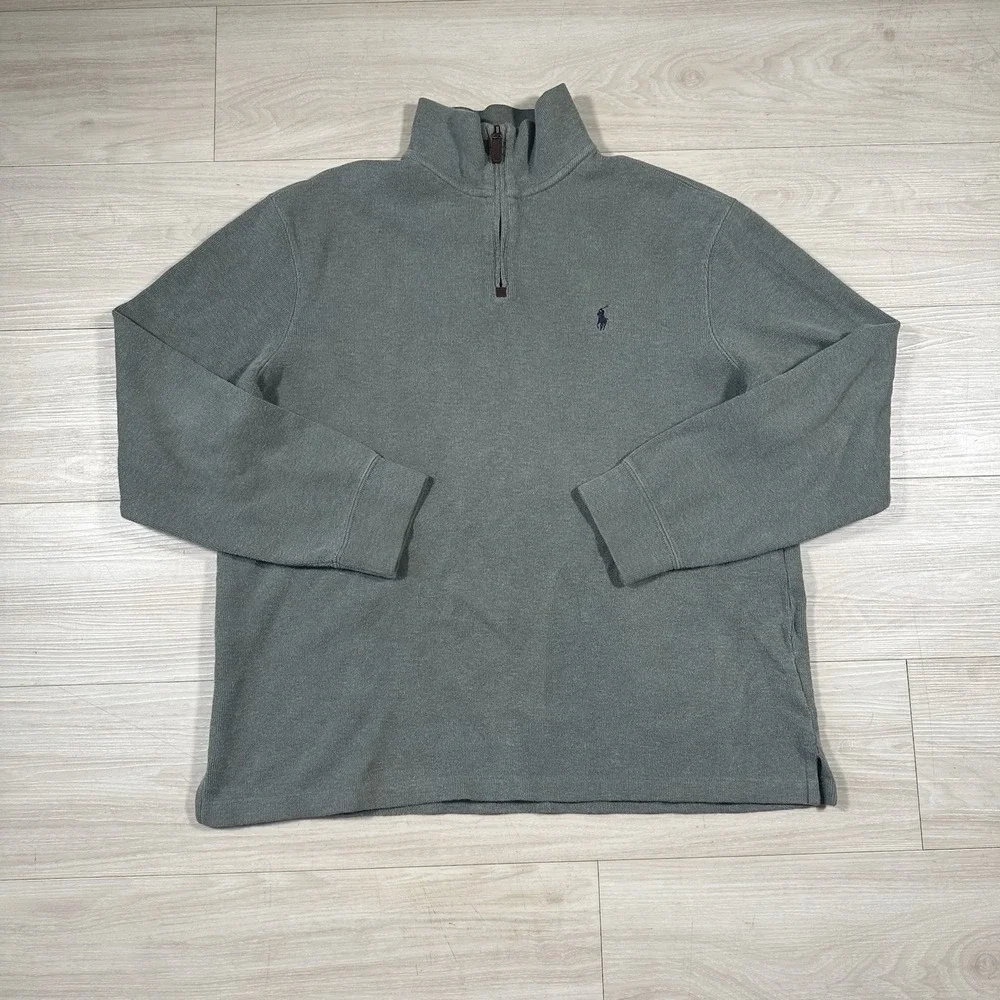 Polo Ralph Lauren Quarter Zip Pullover Mens XL Green Cotton Mock Neck Sweater